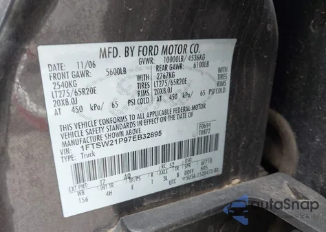 2007 Ford F-250 Lariat/Xl/Xlt from USA, damaged, VIN 1FTSW21P97EB32895